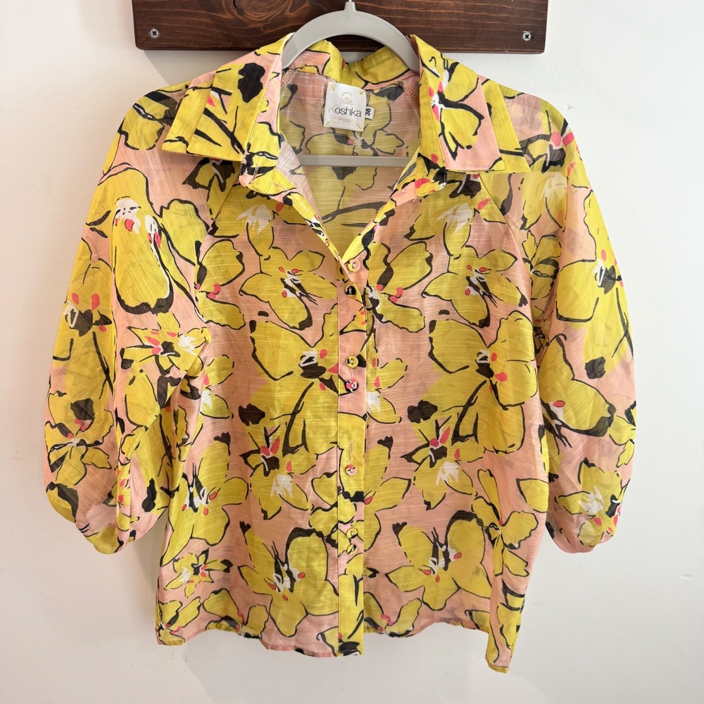 Koshka Paris Floral Button Down Blouse Yellow Pink Made in France Size 38
